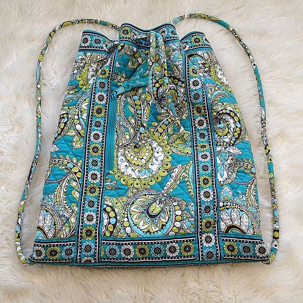 Vera Bradley Backpack Cinch Bag Blue Green Paisley Quilted